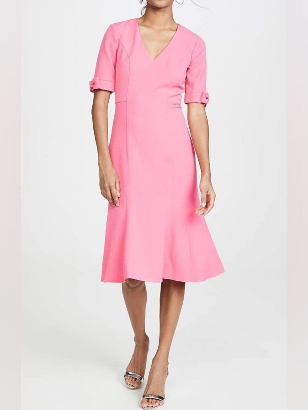 Shoshanna Pink V-Neck Midi Dress with Cuffed Short Sleeves
